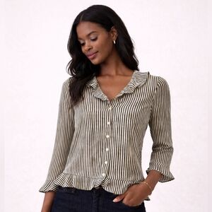 🤍 Gerard Darel Black & Cream Striped Ruffle Blouse – Size 42 (EU)